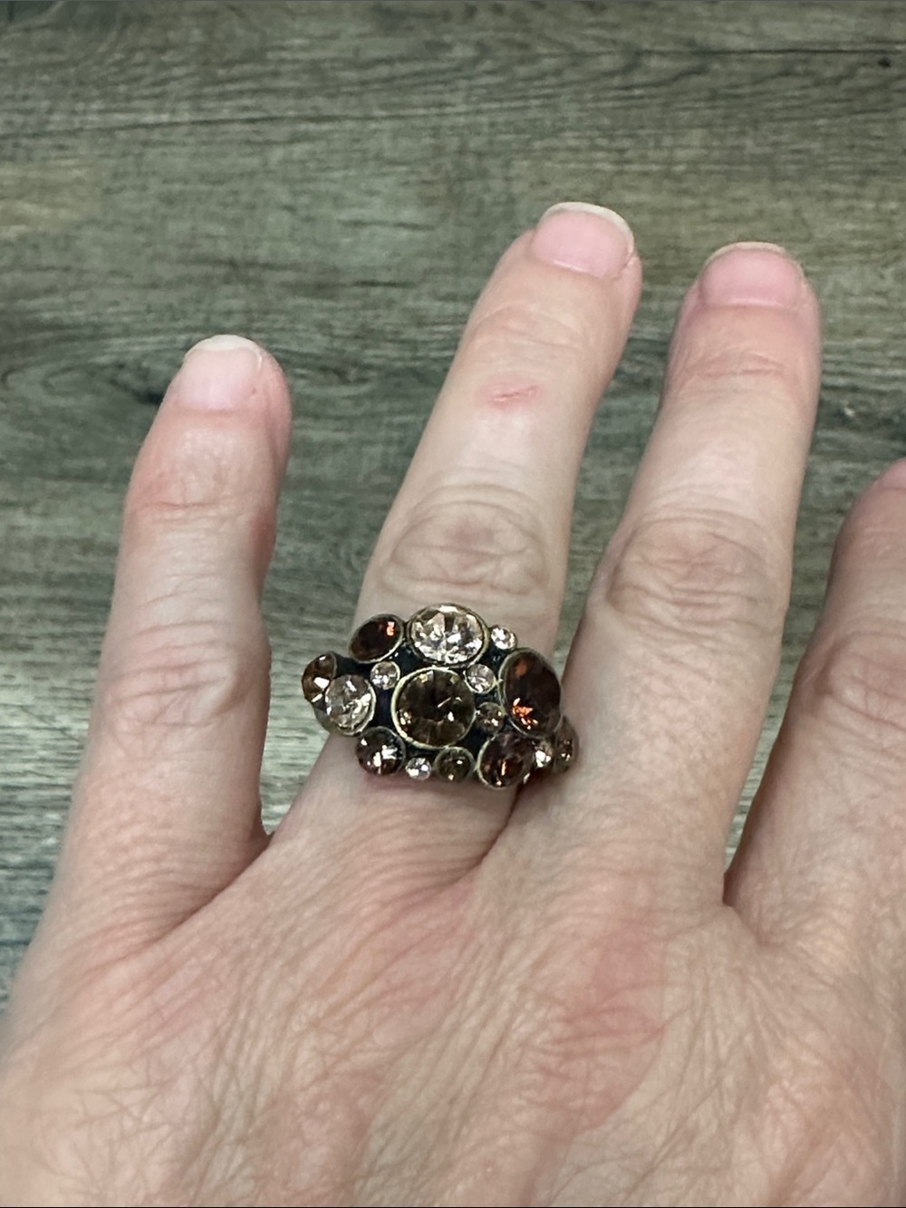 Fossil Smoky Brown and Champagne Crystal Cluster Ring